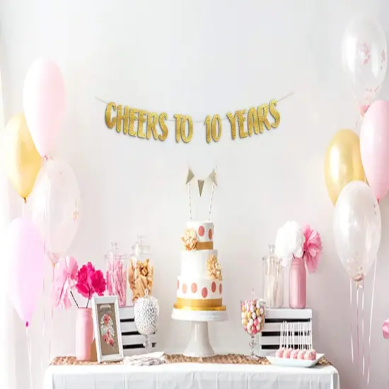 Cheers to 10 Years Gold Glitter Banner - 10th Anniversary and Birthday {2}