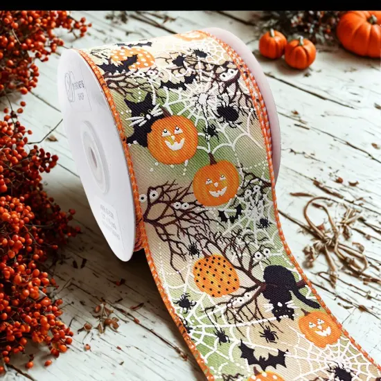 Designer&rsquo;s Shop WR 63-5208 Halloween Night Scene Wired Ribbon &ndash; Pumpkins, Bats & Cobwebs &ndash; 2.5&rdquo; x 10yd {4}