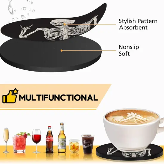 6 Pack- Coasters for Drinks Coffee Table, Skeleton Funny Black Silicone {3}