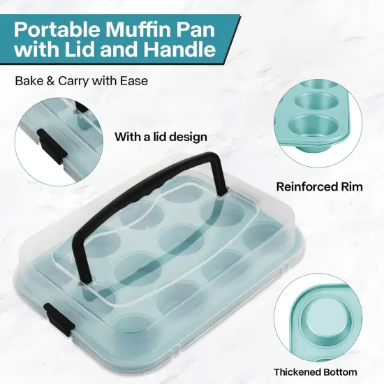 Blue 12-Cup Muffin Pan with Lid, 2-Pack Metal Cupcake Pan with Handle, Portable Blue Muffin Pans Nonstick 12 with Cover Ideal for Easy Carrying, Holiday, Party and Travel {4}