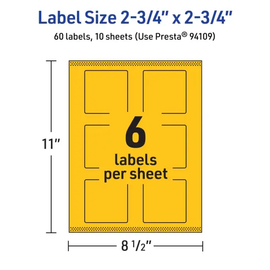 Avery Bright Yellow Paper Labels, 2.75" x 2.75" Square {5}