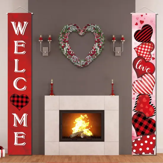 2 Pcs Valentine's Day Door Banner Decoration Valentine Hanging Front Porch Welcome Sign Red Buffalo Plaid Love Heart Banner Romantic for the Home Wall School Office Indoor Outdoor Party Supplies Decor {3}