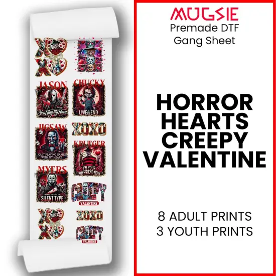 Horror Hearts Creepy Valentine DTF Transfer 22x60 - Direct-to-Film Gang Sheet, Ready-to-Press Spooky Valentine Design for Apparel {2}