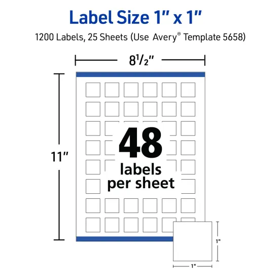 Avery Printable Square Labels with Sure Feed, 1" x 1", Matte White, Permanent Adhesive, Laser & Inkjet Printers, 1,200 Blank Labels (5658) {5}