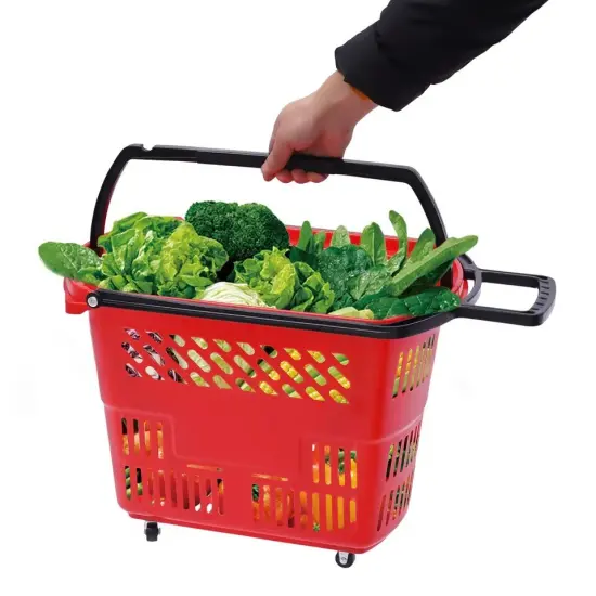 6Pcs Durable Red Rolling Shopping Basket with Wheels and Handle in Supermarkets {4}