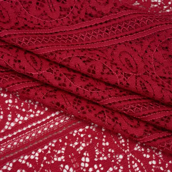 1 Yard Red Bug Re-Embroidered Lace Fabric Floral Medallion Stripes Finished Edge Sheer 50 Inch Width {1}