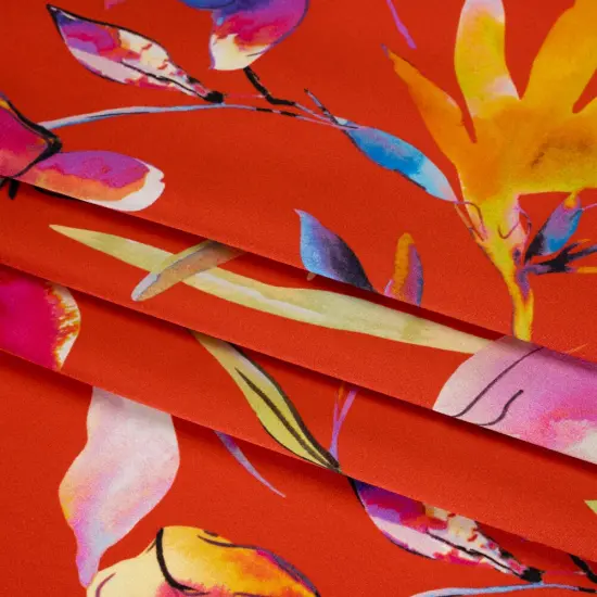 1 Yard Red Rainbow Silk Charmeuse Print Illustrated Watercolor Flowers Made in Italy Width 53" {4}