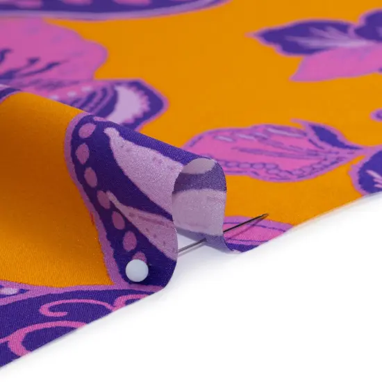 1 Yard Golden Yellow Purple Teal Silk Charmeuse Print Floral Abstract Stripes Made in Italy Width 53" {2}