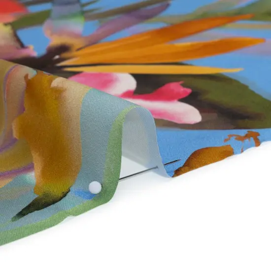 1 Yard Blue Teal Multicolor Silk Charmeuse Print Watercolor Floral Border Made in Italy Width 53" {2}