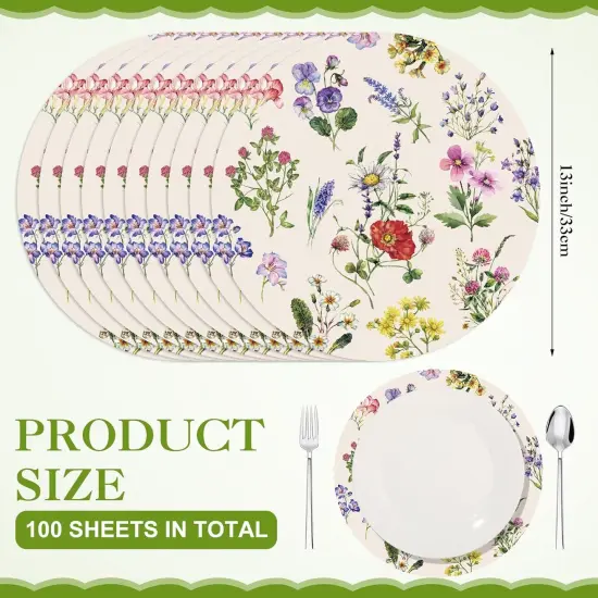 100 Pack Round Wildflowers Paper Placemats 13 Inch Vintage Floral Disposable Table Mats Paper Place Mats Dinnerware for Baby Shower Bridal Birthday Kitchen Wedding Party Supplies {3}