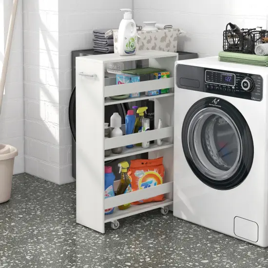 4-Tier Rolling Storage Cart Slim Kitchen Cart on Wheels with Open Shelves and Handle White {6}