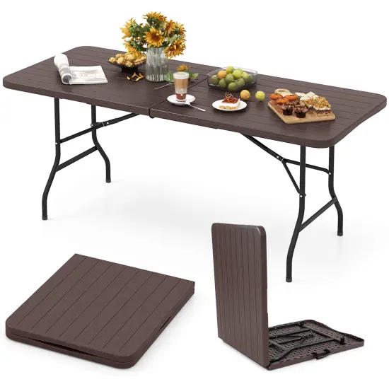 6 Feet Wood Grain HDPE Folding Table with Safety Lock and Metal Legs Perfect for Outdoor Use Brown {4}