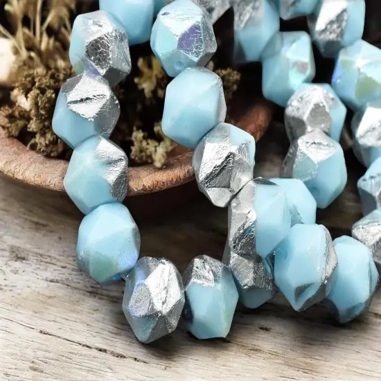 *15* 10mm Silver Washed Baby Blue Antique Cut Round Beads {3}