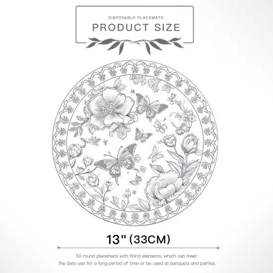50 Pieces 13" Floral Place Mats, Disposable Round Retro Theme Placemats Nonslip Paper Table Mats for Dinner Wedding Party Decor {3}