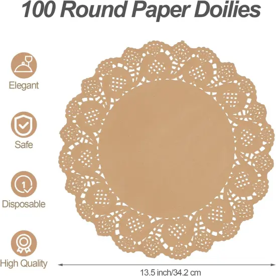 100 Pack Round Brown Kraft Paper Doilies 13.5 Inches Lace Paper Place Mats Rustic Scallop Doily Disposable Table Pads for Food Cakes Crafts Party Weddings Tableware Decor {2}