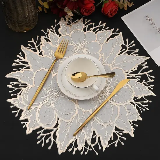 Placemats Set of 6, Gold White Place Mats Pressed Plum Flowers Vinyl Round Table Mats Washable {2}