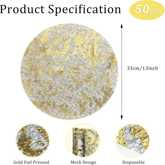 50 Pcs Disposable Gold Placemats Set Metallic 13 Inch Round Foil Mesh Pressed Table Doilies, Ultra-Thin Disposable Placement Mats for Home Decoration Dining Table Wedding Birthday Party {4}