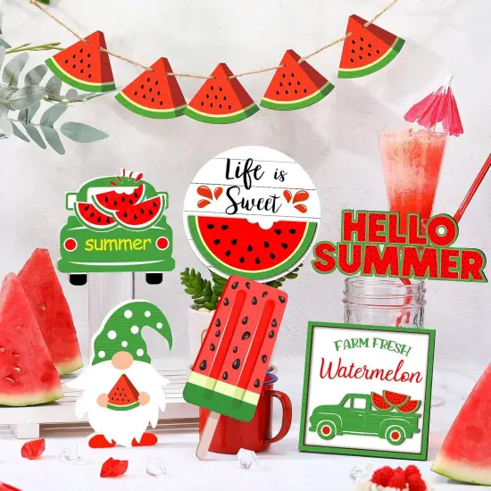 11 Pieces Summer Hawaii Tabletop Decor Set Summer Wood Sign Beach Sunshine Tiered Tray Decorations for Beach Home Table Shelf(Watermelon Style) {4}