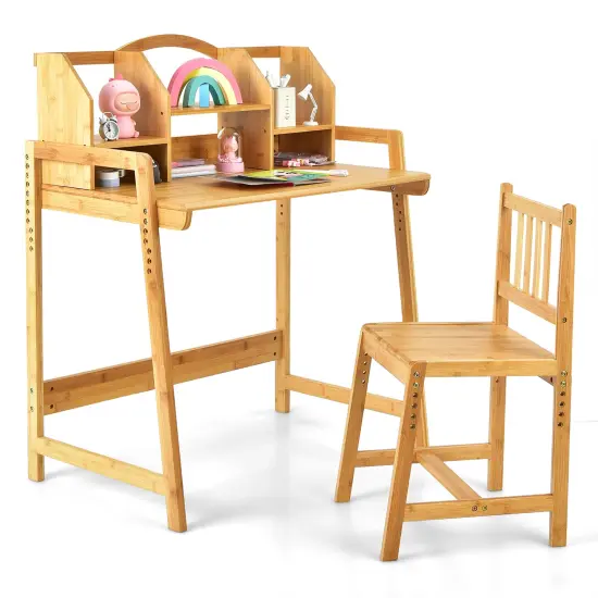 Costway Bamboo Kids Study Desk And Chair SetHeight Adjustable Home School w/ Bookshelf {1}