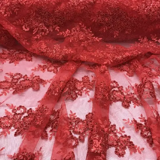1 Yard Red Sequin Lace Fabric Embroidered Mesh Polyester Blend for Evening Gowns Bridal 54" Width {1}