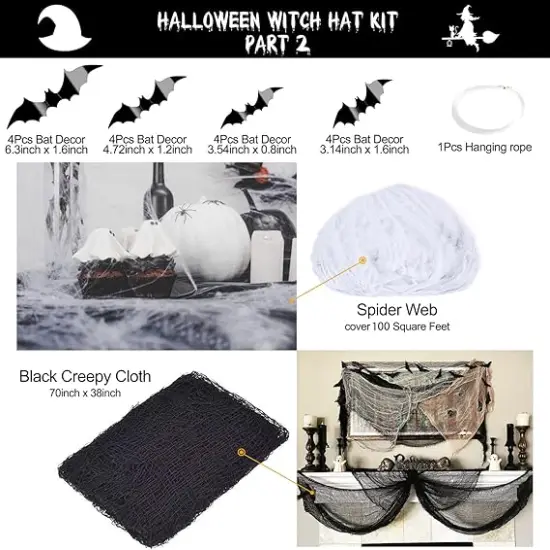 Halloween Decoration Set &ndash; 12 Witch Hats, 16 3D Bats, Spider Web, Cloth & Rope {4}