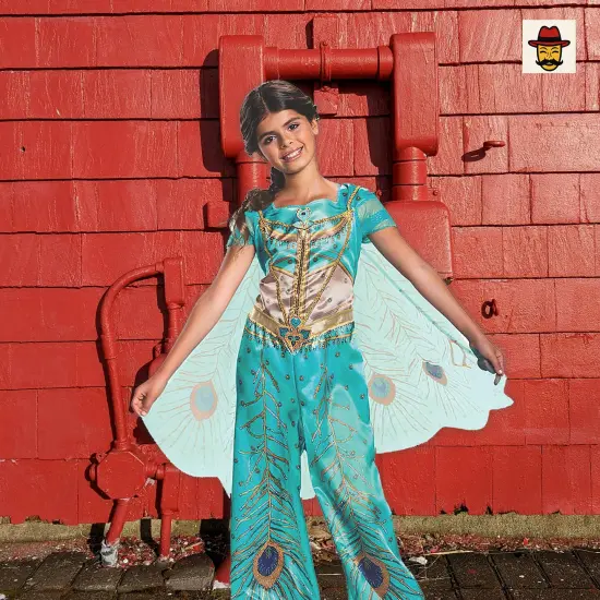 Girls Jasmine Classic Costume, Teal Jumpsuit Glitter Gold Peacock Print {2}