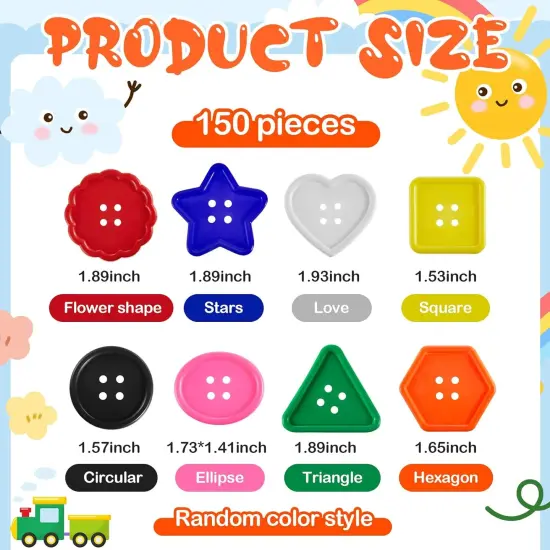 150 Pieces Big Bright Buttons for Kids 8 Vivid Colors and 8 Large Shapes for Crochet Knitting {2}