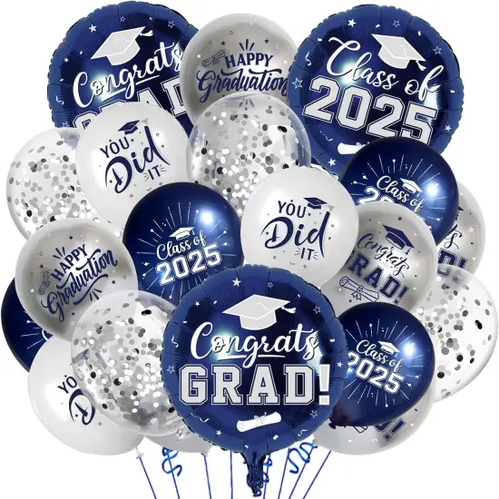 Navy Blue and Silver Graduation Balloons Graduation Decorations 2025, 51Pcs Grad Latex Balloons and Grad Foil Balloon with Confetti Ribbons Grad Party Decorations for College High School {1}
