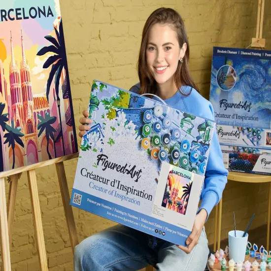 Figured'Art Paint by Numbers for Adults with Frame Travel Poster Barcelona 16"x20" - Craft Art Painting DIY Kit Canvas Already Stretched on a Wooden Frame {2}