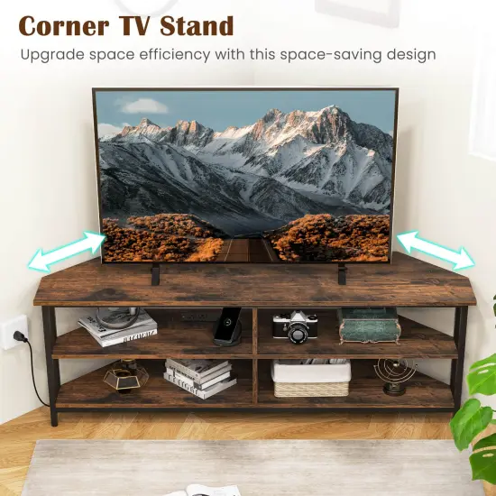 Costway Corner TV Stand for TVs up to 65" TV Console Table with AC Outlets&USB A Ports Rustic Brown/Black/White {5}
