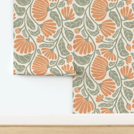 Pre-Pasted Wallpaper 2FT Wide Boho Floral Modern Farmhouse Chic Cottage Vintage Botanical Damask Flowers Rustic Kitchen Moss Sage Green Retro Block Print Peach Orange Large Custom Pre-pasted Wallpaper by Spoonflower {2}