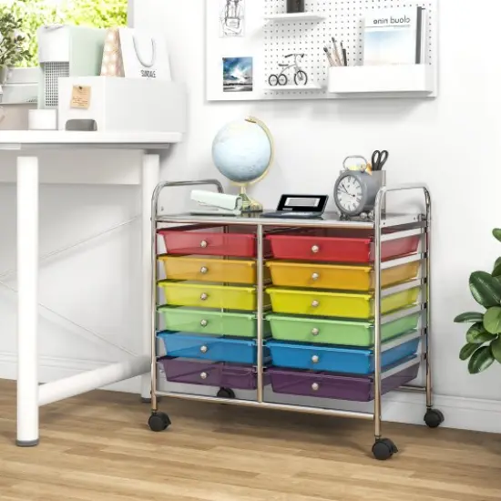 12 Removable Drawers Rolling Storage Cart with 4 Universal Wheels and Metal Frame Trans & Multicolor {2}
