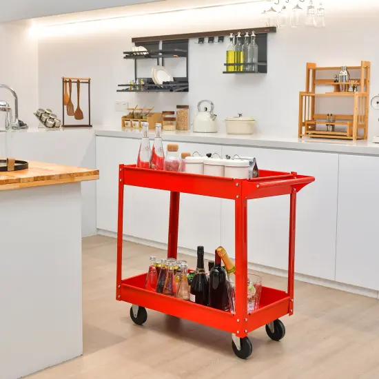 Red 2-Tier Metal Service Cart with Handle and Wheels Perfect for Home and Workshop {6}