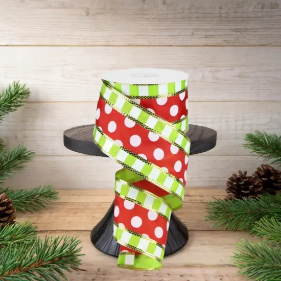 2.5" Striped Edge Polka Dot Ribbon: Red, Lime & White (10 Yards) {3}