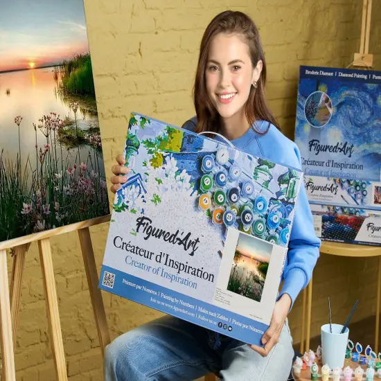 Figured'Art Paint by Numbers for Adults with Frame Peaceful Lake 16"x20" - Craft Art Painting DIY Kit Canvas Already Stretched on a Wooden Frame {2}