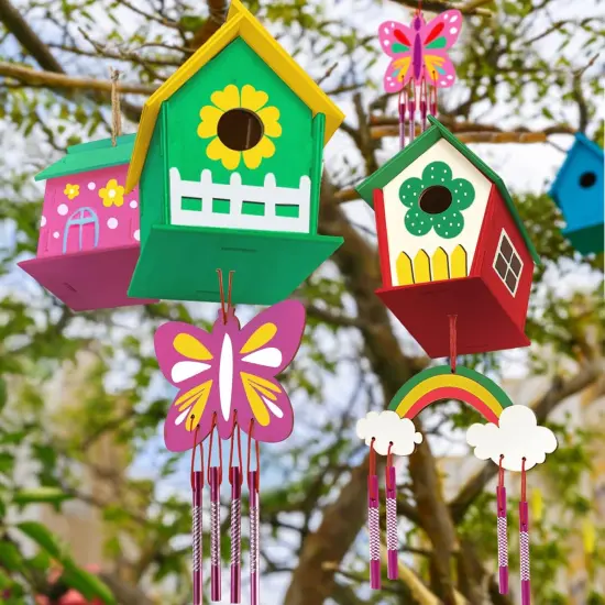 4-Pack DIY Bird House Wind Chime Kit &ndash; Build & Paint Craft Set for Kids Ages 4&ndash;8, Easter Basket Gift {4}