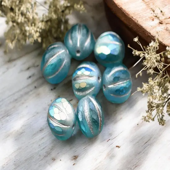 *12* 10mm Metallic Beige Washed Matte Teal AB Faceted Round Melon Beads {6}