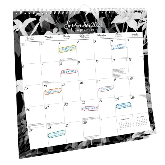 Pen & Ink | 2026 12 x 12 Inch (Hanging) Monthly Square Wire-O Calendar | English/French Bilingual | Sticker Sheet {4}