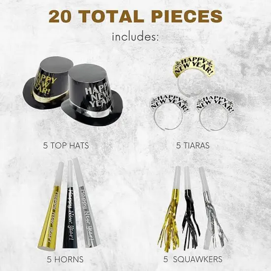 4E's Novelty New Year&rsquo;s Eve Party Supplies 2025 Kit for 10 &ndash; 5 Black Top Hats, 5 Glitter Tiaras, 5 Party Horns & 5 Fringe Noise Makers &ndash; Gold & Silver NYE Accessories for Countdown Party & Photo Props {3}