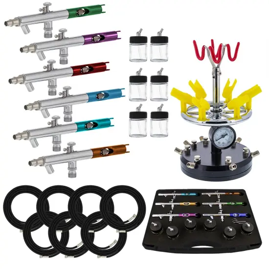 Master S66 Airbrush Set with 6 Precision Siphon Feed Airbrushes, 6 Station Airbrush Holder with Air Regulated Manifold, 7 Air Hoses & 6 Bottles {1}