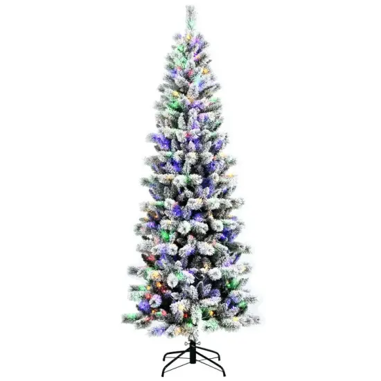 Pre-Lit Hinged Christmas Tree Snow Flocked with 9 Modes Remote Control Lights {7}