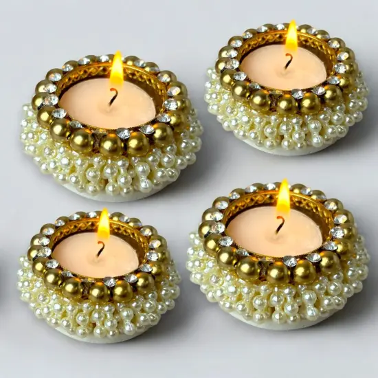 4 Pcs Pearl Tealight Candle Holder Festival of Light Decorative T-light Holder for Diwali Navratri Christmas Thanksgiving Housewarming Gift Candle Stand for Centerpiece Table Home Decor {1}