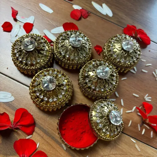 Golden Metallic Kumkum Holder Decorative Sindoor Roli Chandan Dabbi Designer Jewelry Box Indian Pooja Housewarming Gift Wedding Favor Gift for Her {2}