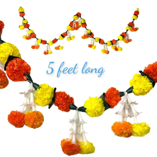 5 Feet Marigold Jasmine Yellow Orange Door Toran Hanging Valance Marygold Garland Mantle Decor Puja Diwali Decoration Day of the Dead Dia De Los Muertos Mexican Fiesta Halloween Decor {2}