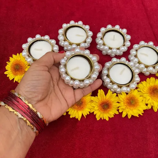 Bulk - Small Pearl Tealight Candle Holder &ndash; Festive T-light Stand for Diwali, Navratri, Christmas, Thanksgiving, Housewarming & Home Decor Centerpiece Dining Table ko {1}