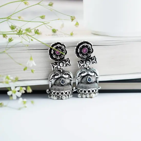Indian Oxidized Jhumka Earrings for Women - Indian Oxidized Trishul Jhumki Ethnic Shiva Trident Chandbali Earrings Faux Pearls Bollywood Style Floral Dangle Earring Jewelry for Bride RUBY {5}