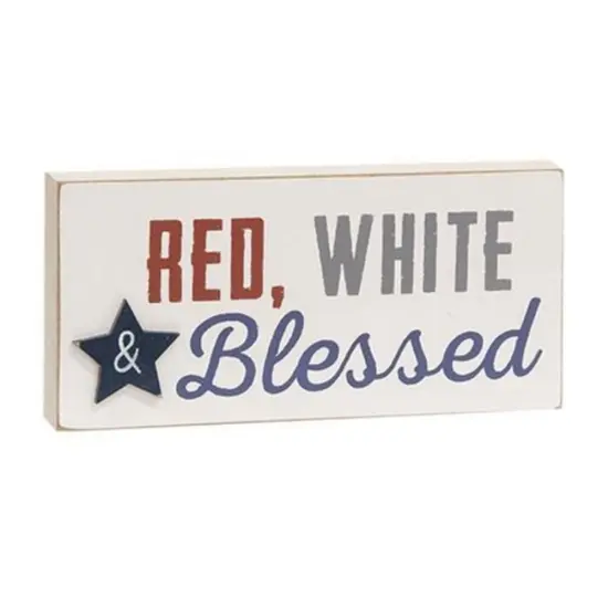 Red, White & Blessed Wooden Block Patriotic Independence Day D&eacute;cor with Rustic White Finish & Blue Star Cutout {1}