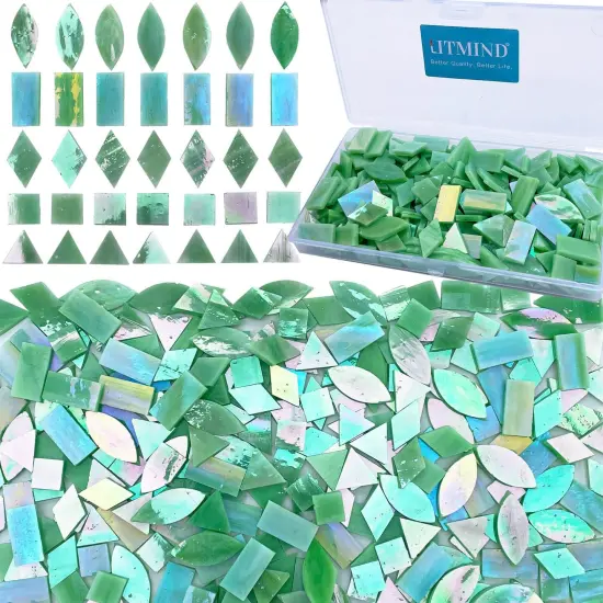 LITMIND Iridescent LightGreen Stained Glass Mosaic Tiles for Crafts - 240 Pieces, 5 Shapes Mixed (Rectangle, Triangle, Rhombus, Square, Leaf) - Ideal for Mosaic Making Projects and Beginners {1}