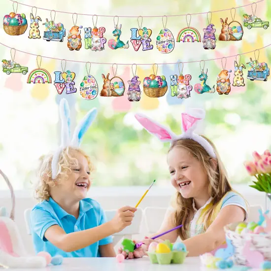 24 Wooden Hanging Ornaments, Hanging Decor for Tree, Happy Easter Egg Gnome Bunny Wooden Craft Spring Party Supplies Home Decor {5}