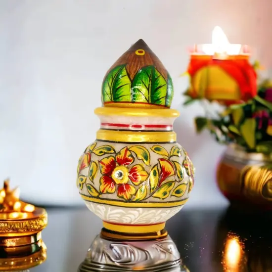 White Marble Kalash Indian Mini Mangal Kalash Decorated Coconut for Wedding Shagun Decorative Nariyal for Wedding Pooja Indian Festival Housewarming Gifts (3 Inches) {1}